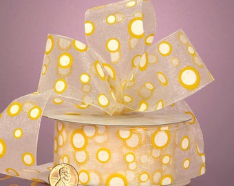 5YDS Whimsical "Pop Dots" 1-1/2" Ribbon Sheer Yellow & White Polka Dot