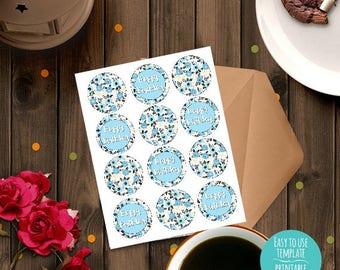 Happy Birthday blue black floral Printable Cupcake Toppers, Birthday decoration, Instant download, party decoration, treat decorations, DIY