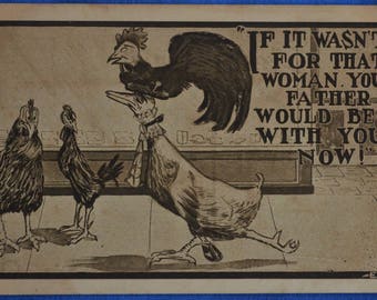 Chicken Roosters If It Wasn't For That Woman Comic Antique Postcard