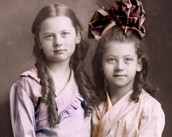 Loving Sisters Ringlets Bow and Button Boots Tinted Vintage Photo Print
