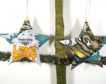 Grand River Brewery Lake Rat Beer Can Ornaments - Set of 2 Recycled Michigan Craft Beer Stars - Christmas Ornaments Or Father's Day Gift