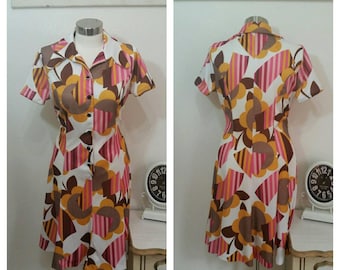 1970's Polyester, Print, Day Dress, size M/L