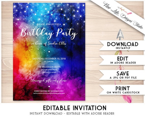 Editable Invitation Rainbow Galaxy Printable Party Invite