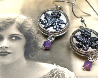 French BUTTON earrings, Victorian Flowers on silver. 1.5" . Antique button jewellery. Unique present, gift.
