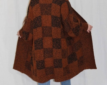 Vintage 80s Rust Check Plaid NUBBY Boucle Retro Jacket Sweater Coat Cardigan SML