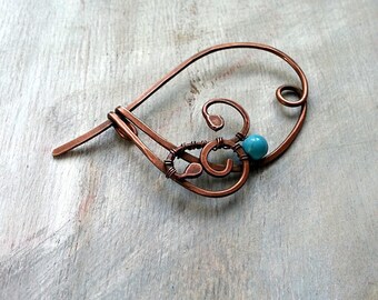 Wire Shawl Pin Copper Scarf Sweater Pin Hand Forged Turquoisel Fibula Wire Wrapped Jewelry Wire Work Handmade