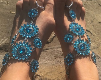BLUE CRYSTAL Barefoot Sandals Beach Sandals Anklet Foot Jewellery