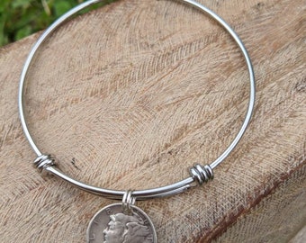 Coin bracelet - Mercury dime jewelry - authentic silver dime jewelry - Adjustable bangle bracelet - Vintage coin jewelry