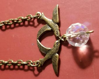 Gorgeous brass sparrow and vintage crystal necklace