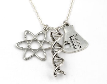 Atom, DNA Double Helix, Beaker Necklace, Science Necklace, Geekery Jewelry, Biochemistry Charm, Laboratory, Chemistry Gift, Graduation Gift