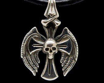 Cross Skull Pendant Angel Wings and Bones Gothic Jewelry Biker Sterling Silver