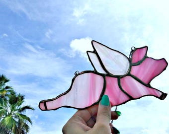 When Pigs Fly, Stained glass pig, piggy, suncatcher, home decor, nursery decor, garden decor, bohemian decor, animal decor, wings, angel
