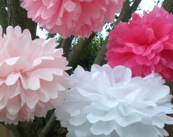 Birthday Decorations - 8 Hanging Tissue Poms - Pink and White, baby shower decor, first birthday decor, tissue paper pom poms, made in USA