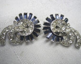 Vintage Ledo Sapphire & Clear Rhinestone Earrings