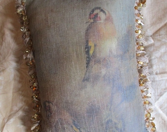 Vtg Victorian Silkscreen Bird Designs Tassel Beaded Fringe Velvet Back Antique Look Decorative Throw Pillow. 15" x 12"