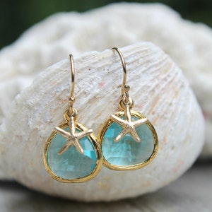 Aquamarine glass stones earrings, 14k gold filled starfish, hooks dangle, aqua blue, crystal, Alice blue, beach wedding, bridesmaids gift