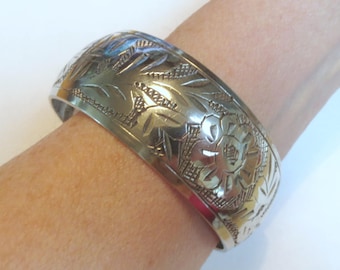 Pretty Etched Silver Plate Floral Bangle Bracelet, 2.6 Diameter, 1.1" Tall