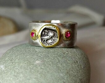 Ancient Coin Statement Ring , Athena Owl Coin ring, Silver, 22 kt gold and Ruby ring, Ancient coin Jewelry