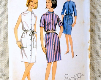 Butterick 3924 Vintage Sewing Dress Pattern Mod Groovy 1960s Bust 32 Button Tie Belt Patch Pockets Midi