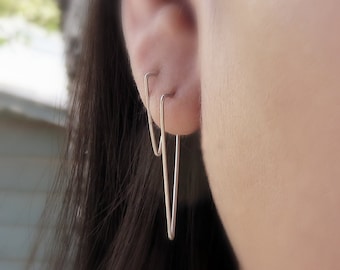 Simple Triangle Earrings - Geometric Triangle Hoop Earrings - Minimalist Line Earrings in Matte Sterling Silver or 14k Gold - Spike Earrings