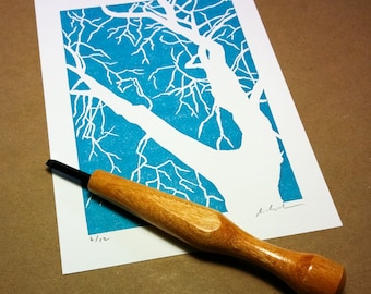Block print: sky blue tree silhouette - limited edition hand pulled fine art block print (5 x 7"), art print, wall print, art poster