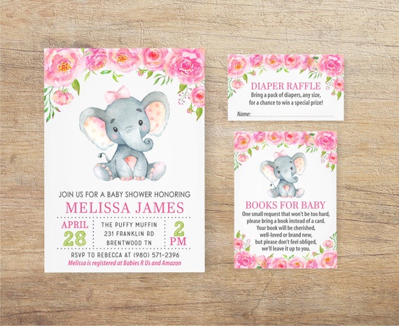 Elephant Baby Shower Invitation Girl Girl Elephant Invites Elephant Baby Shower Invitation Girl Girl Elephant Invites