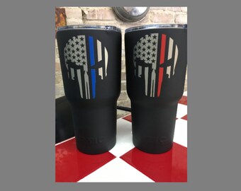 Punisher Skull- Blue Line or Red line- Flat Black - Firefighter Police- Gift- Paramedic- First Responder Cup Yeti Tumbler