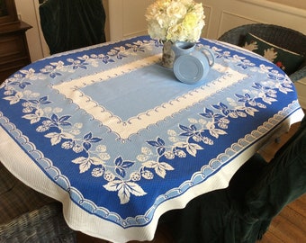 Vintage Tablecloth Yummy Strawberries Blue & White Retro Kitchen