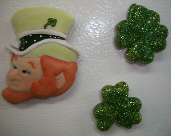 Ceramic Leprechaun,shamrocks,refrigerator magnets set of three