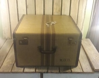 Striped Tweed Suitcase, Large Travel Box, Tweed Luggage, Movie Prop, Photoshoot Prop, Old Suitcases