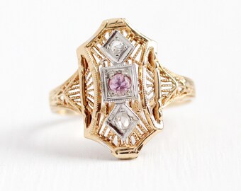 Vintage Filigree Ring - 14k Rosy Yellow Gold Genuine Pink Sapphire Diamond Shield Statement - Art Deco 1930s Size 6 Dinner Ring Fine Jewelry