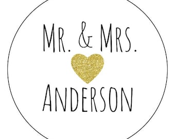 custom gold heart wedding stickers, mr. and mrs. labels, gold glitter heart stickers, personalized gold wedding labels, wedding date label