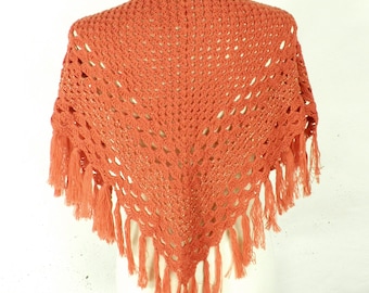 1980s Short Dark Orange Hand Crocheted Wool Fringed Shawl Free Size Boho Hippy Festival Gypsy