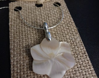 Silver Plated Carved Pink Mother of Pearl Plumeria Flower Pendant Necklace