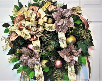 Christmas Wreath, Christmas Decoration, Front Door Wreath, Outdoor Wreath, Hostess Gift, Home Decor, Pine Wreath, Rose Gold Wreath, Holiday
