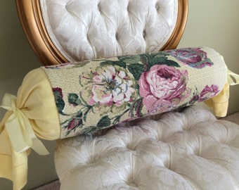 Yellow and Pink Long Bolster Pillow Bark Cloth Irish Linen Floral Decorative Pillow Home Decor Pillows for Couch Chair Bedroom Vintage