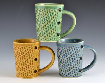 Medium Tea Cup Mug Knitted Pattern, tea cup, tea mug, Buttons MADE TO ORDER