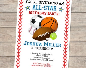 All Star Sports Birthday Party Invitation, Allstar Sports Theme Birthday Invitation, Soccer Basketball Football Baseball Tennis