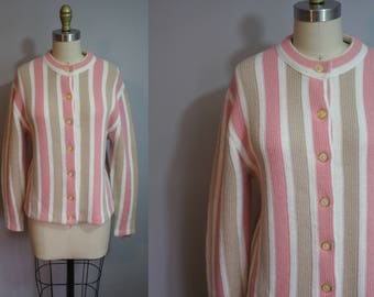 1960s Stripe Knit Cardigan // Pink and Taupe // Large