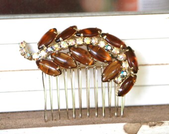 Vintage Upcycled Brown Clear AB Rhinestone Navette Marquise Leaf Hair Accessory Hair Comb Bridal Wedding