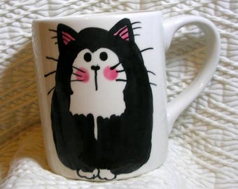 Tuxedo Cat Clay Mug Original Handmade With Paws On Back by Gracie