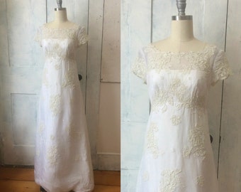 60s white empire waist wedding dress - lace applique design - sheer gaize fabric - short sleeves - small - xs