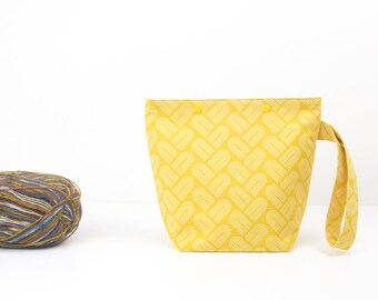 Mustard yellow one skein project bag, geometric print sock knitting bag with snaps, minimal crochet storage
