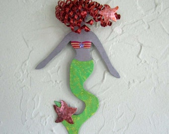 Metal Wall Art Mermaid Sculpture Beach House Coastal Bathroom Wall Decor Lime Green Red Head Mermaid Art 5 x 9 inches