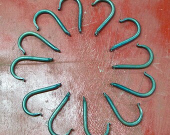 Forged Wall Hooks - 12-Pack - blacksmith made industrial rustic decor. Housewarming gift idea, man cave accessory, garage organizer