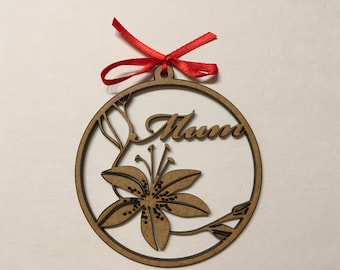 Personalised Wooden Gift for Mom Wooden monogram Personalised bauble Custom name ornament Laser cut flower Wooden flowers Hanging decoration