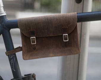Bicycle Frame Bag Handcrafted Natural Leather ANTIQUE BROWN 8.6"x6.5"x2" Handcrafted Leather