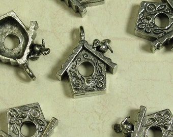 6 Silver Plated Pewter Bird and House Charm Lead Free 800