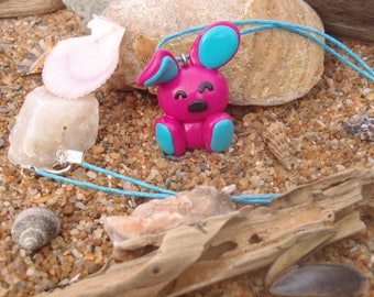 Fimo pattern rabbit Fuchsia and turquoise necklace