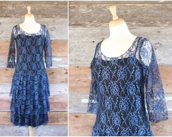 1980s prom dress | blue sheer lace drop waist ruffle skirt 80s dress | size m